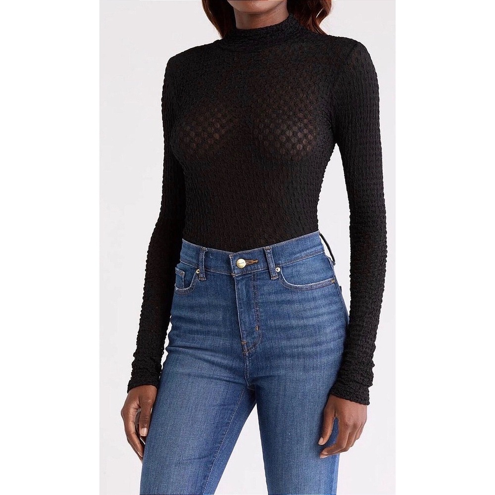 FRAME Mesh Lace Textured Turtleneck Long Sleeve Sheer Chic Black